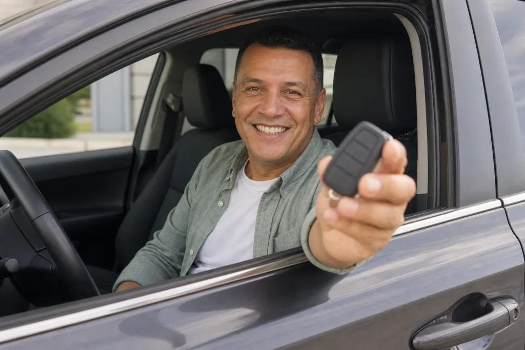 Person inspecting an automotive key fob beside a vehicle