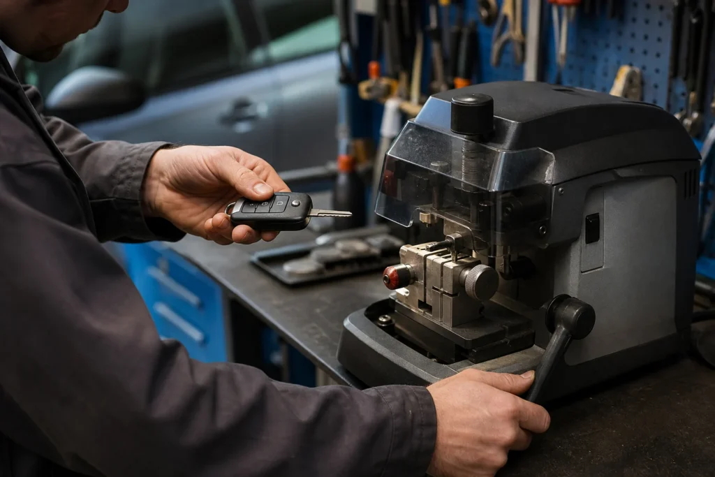 Person inspecting an automotive key fob and replacement housing on a workbench