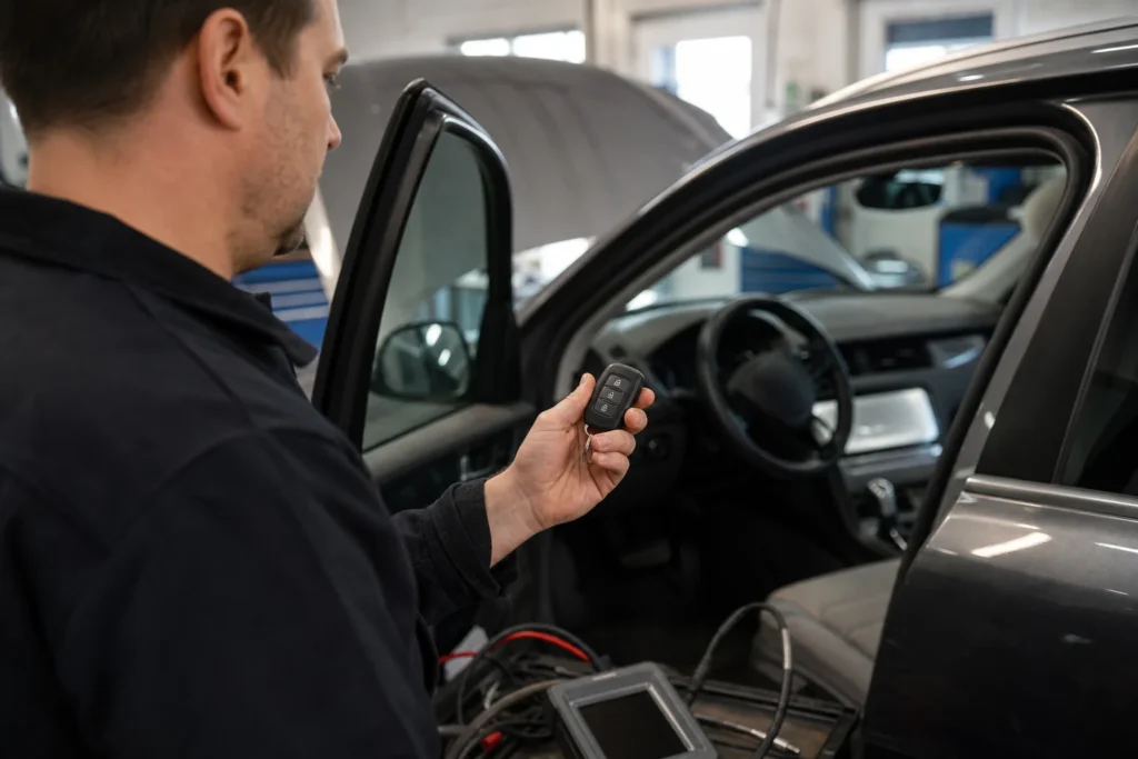 Person examining a worn automotive key fob beside a compact car.