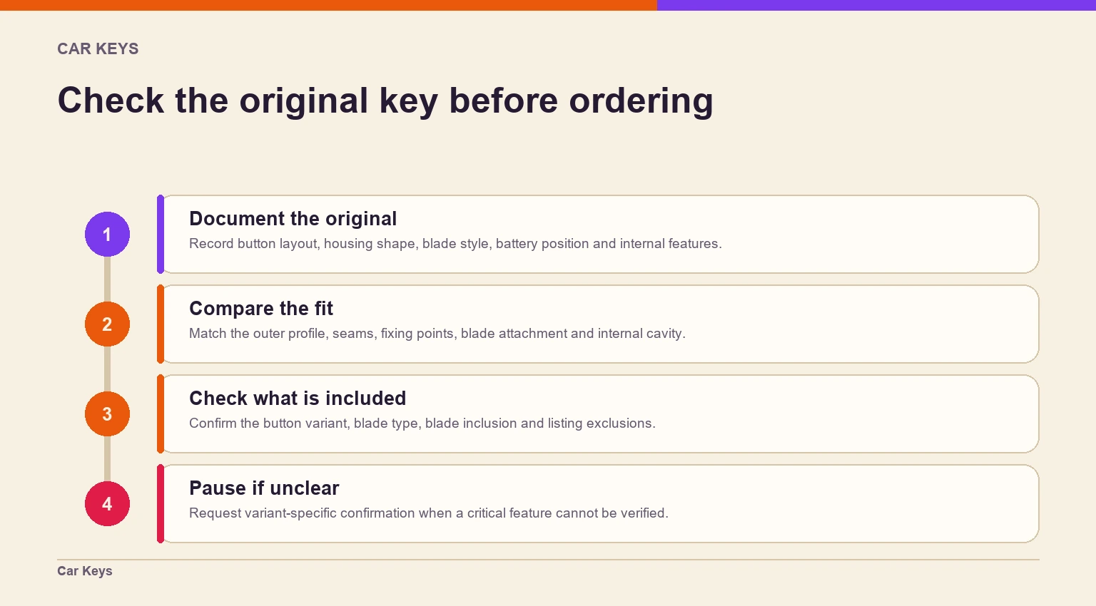 A four-step process moves from documenting the original key to comparing fit, checking blade details and seeking confirmation when necessary.