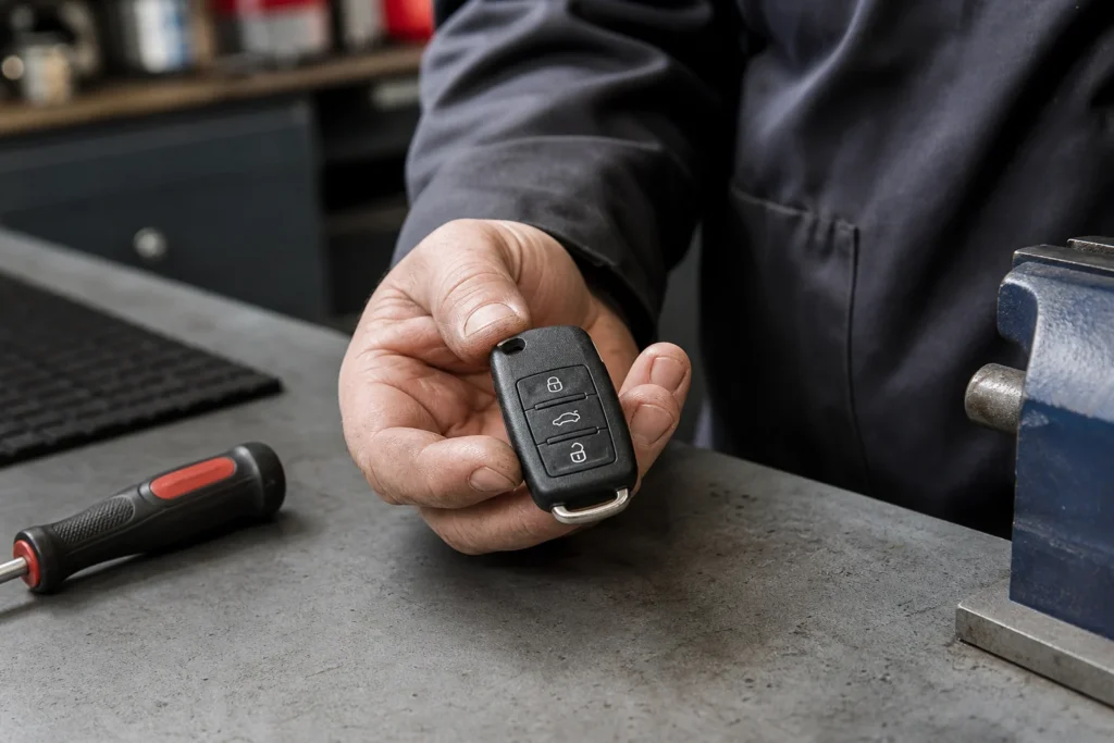 A vehicle owner compares an automotive key shell with an original car key on a workbench.