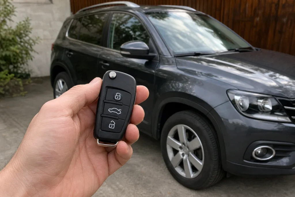 Hand holding an automotive key fob beside a compact SUV