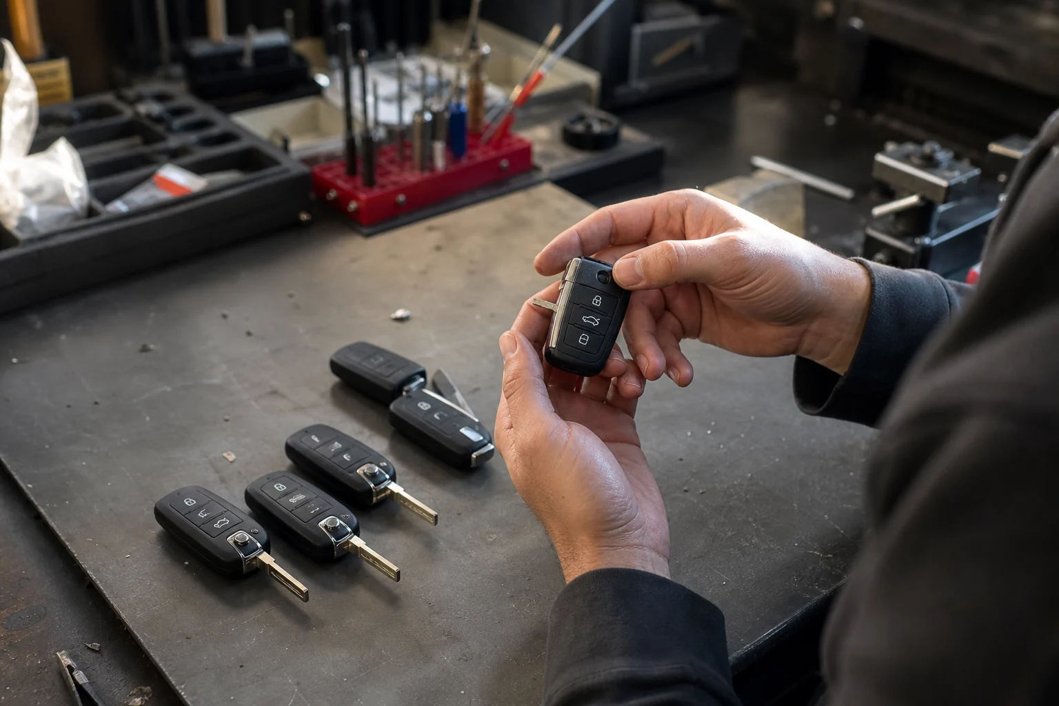 Technician inspecting different automotive key blade arrangements
