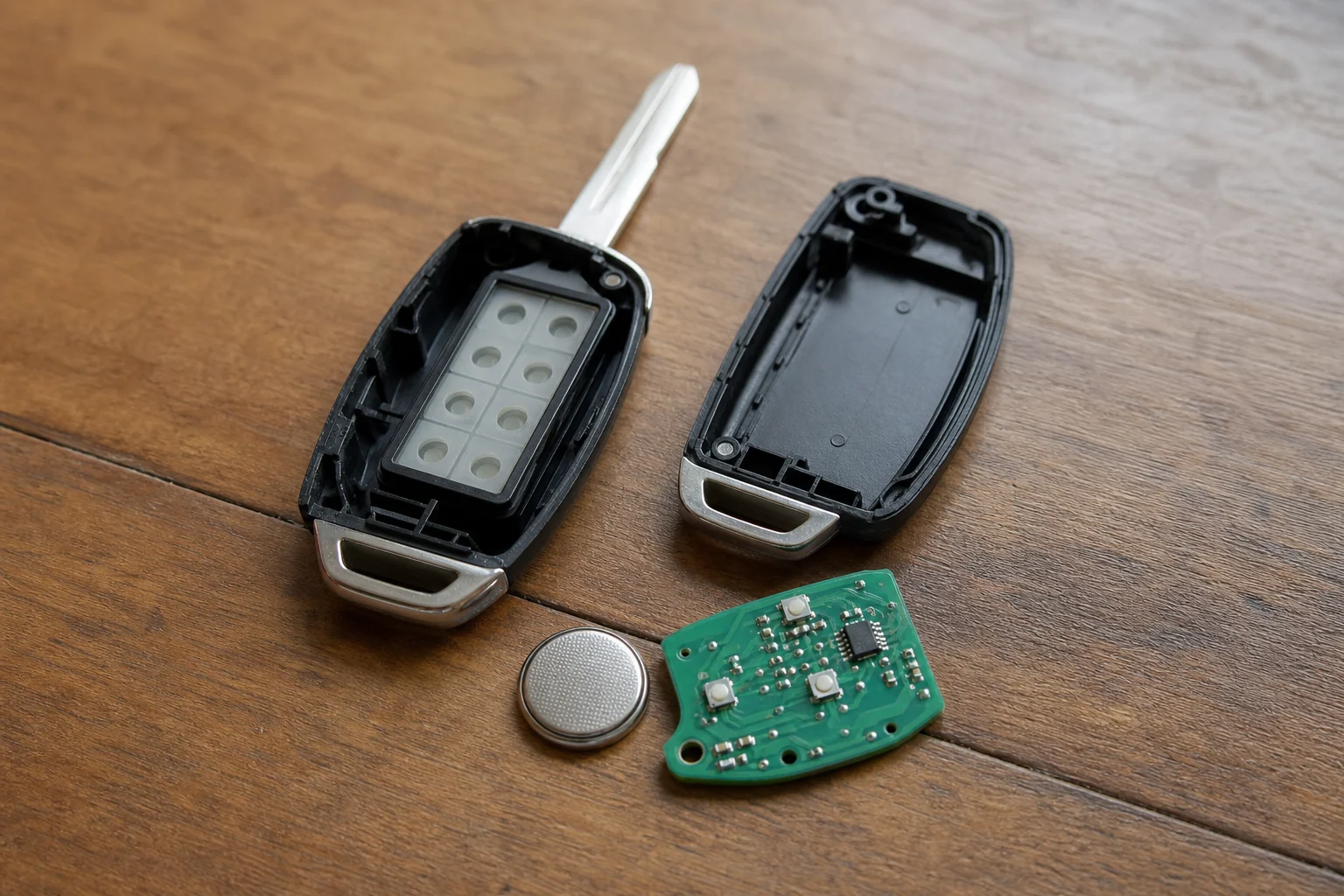 An opened automotive remote key with its circuit board and battery beside the empty housing