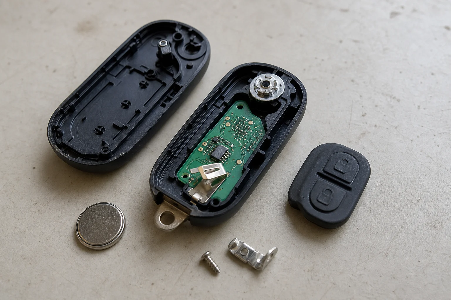 Opened automotive key shell with its original board, battery and button contacts beside it