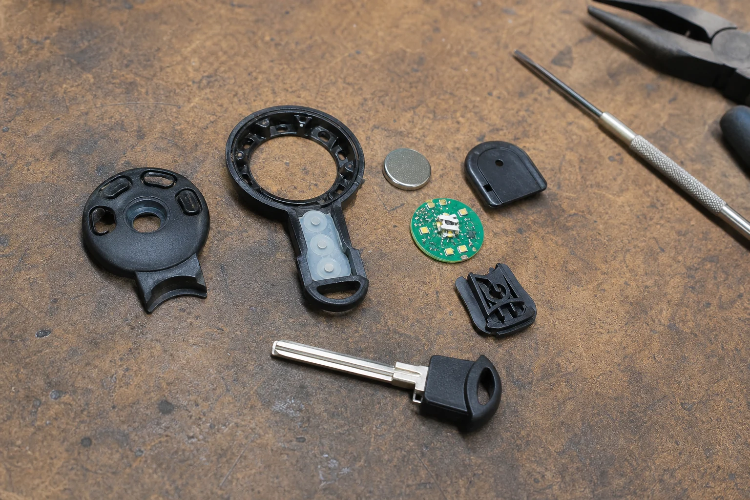 Automotive remote-key components arranged separately on a repair workbench before reassembly