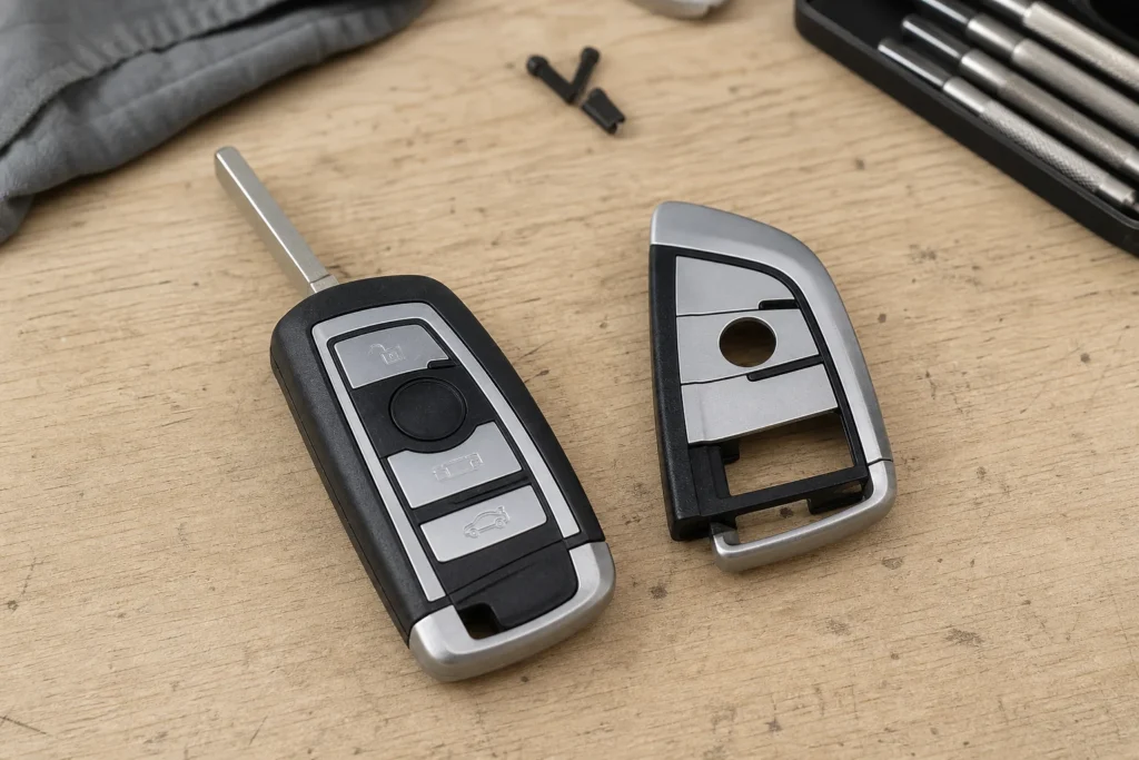 Automotive key fob and replacement housing arranged on a workbench