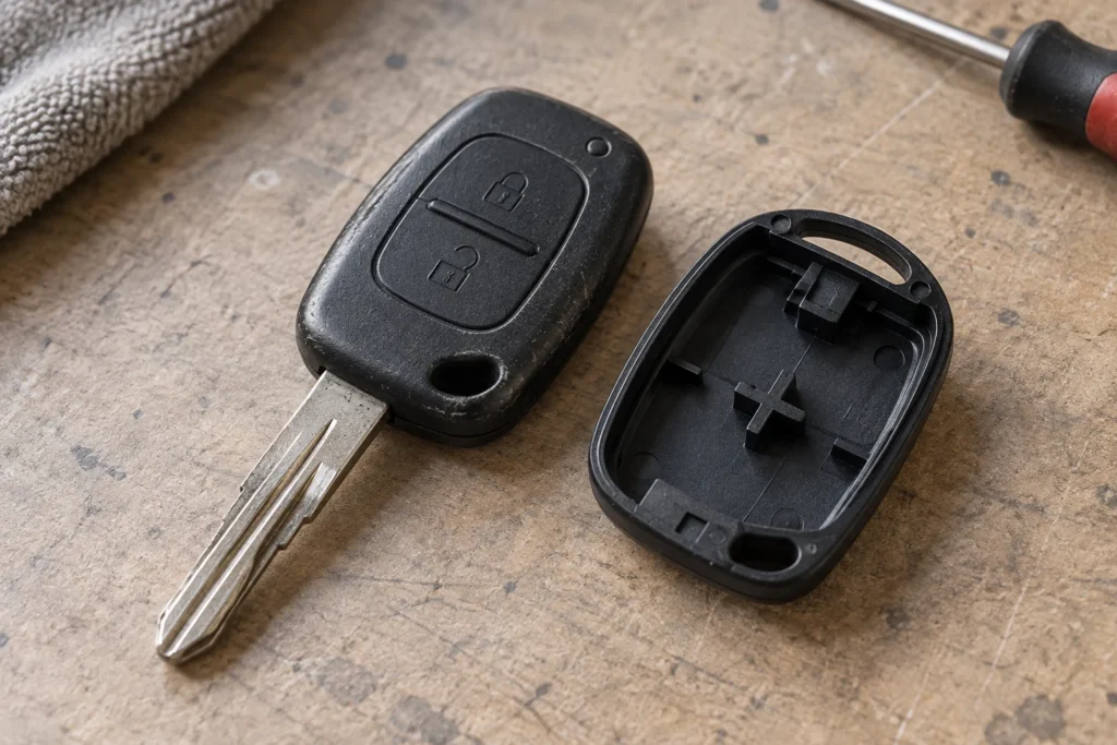 Worn car key fob beside an empty replacement housing on a workbench