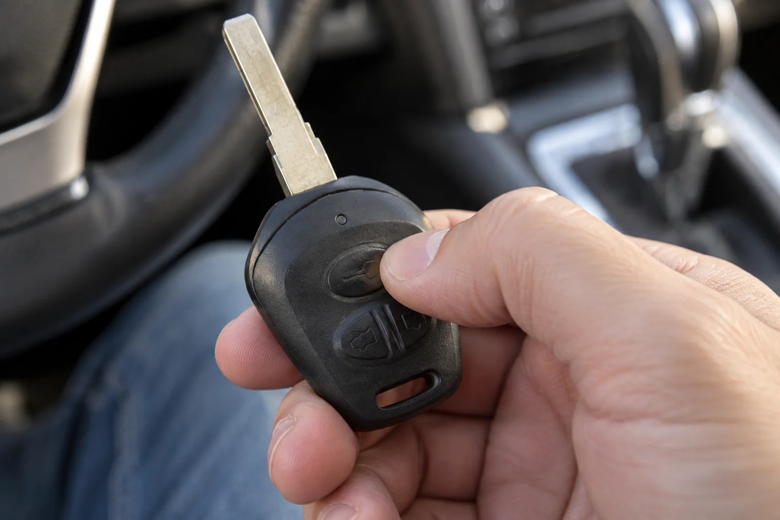 Driver lightly pressing a worn button on a car key fob