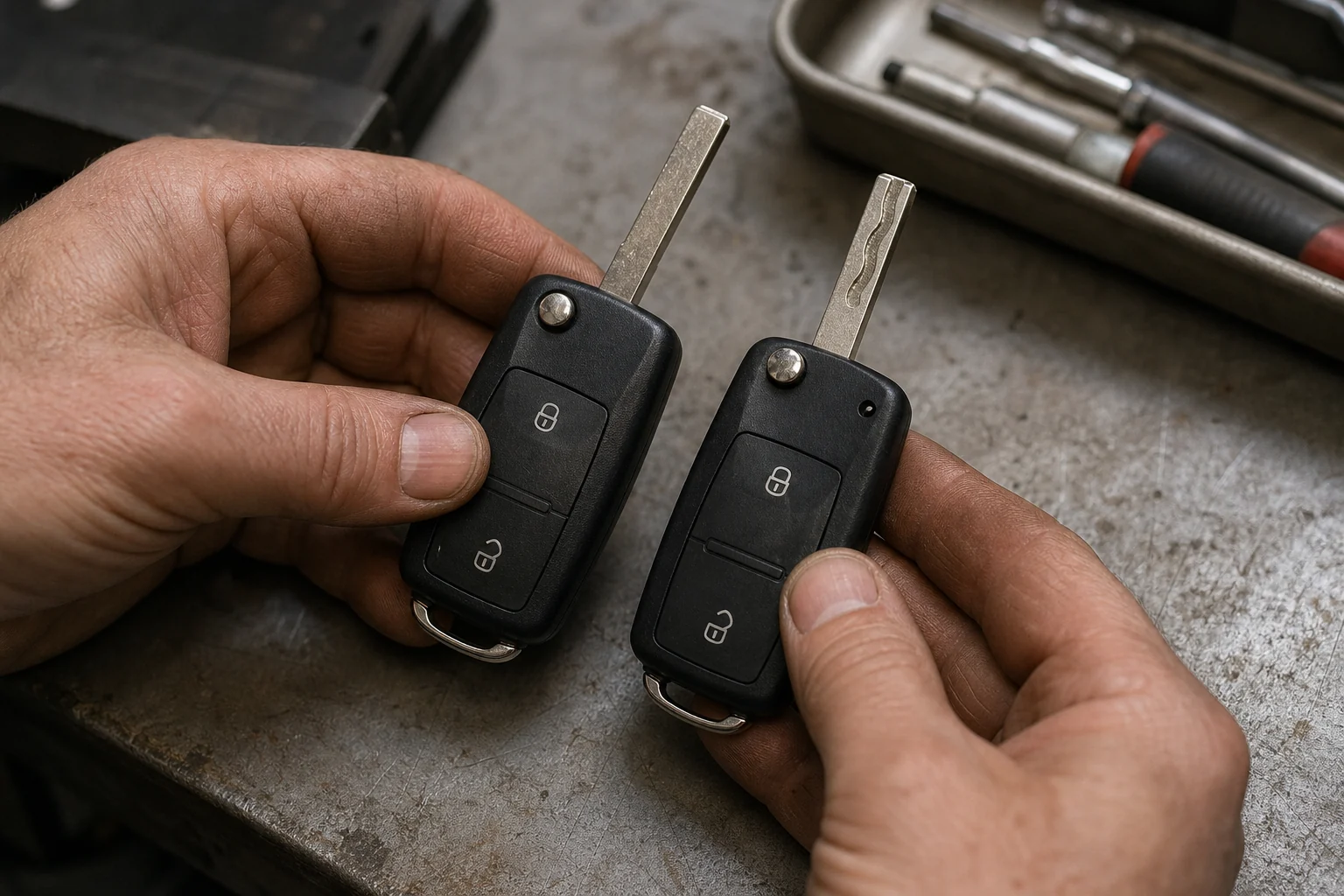 Hands comparing two automotive remote key housings on a workshop table