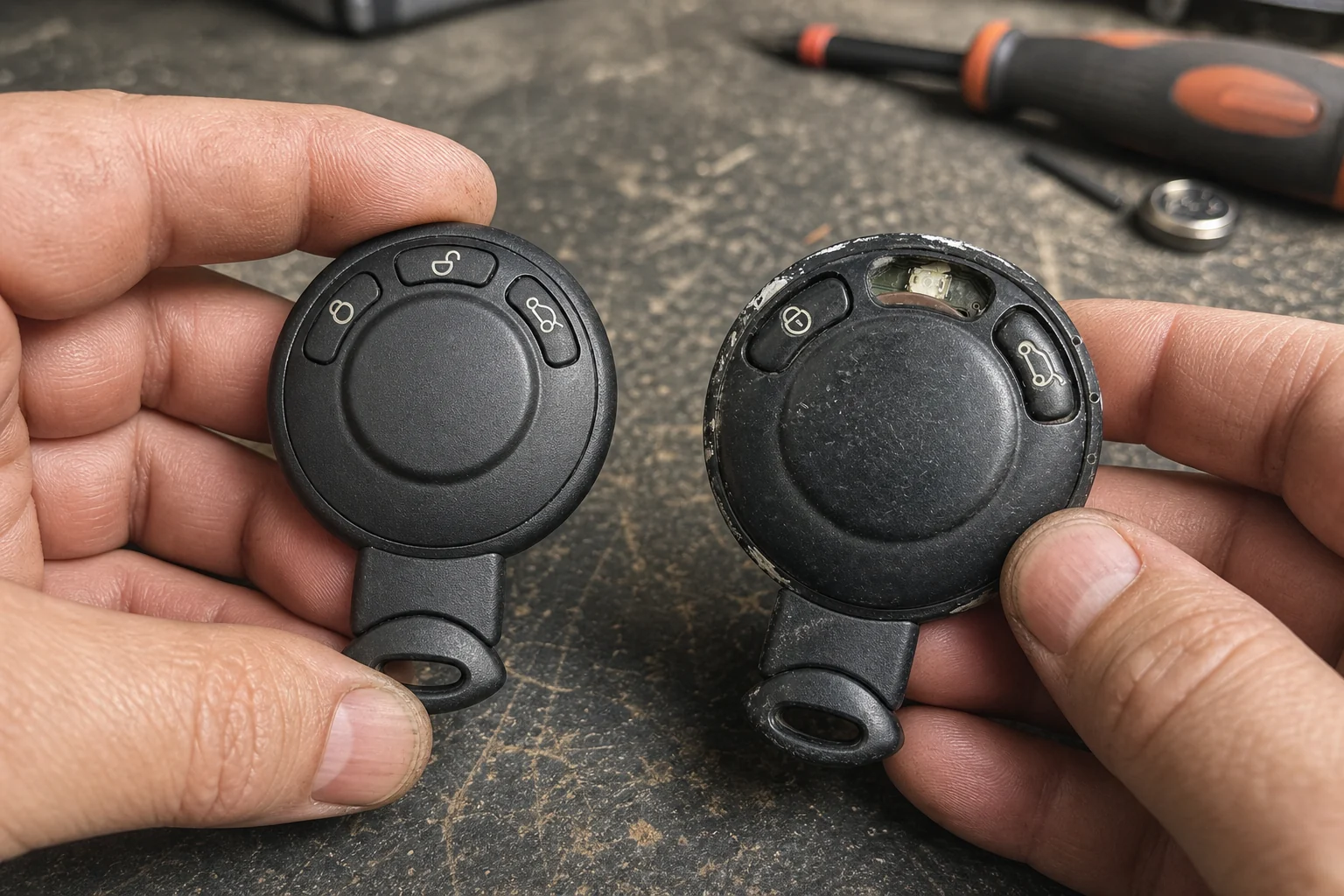 Hands comparing two similar automotive remote-key housings on a workshop bench