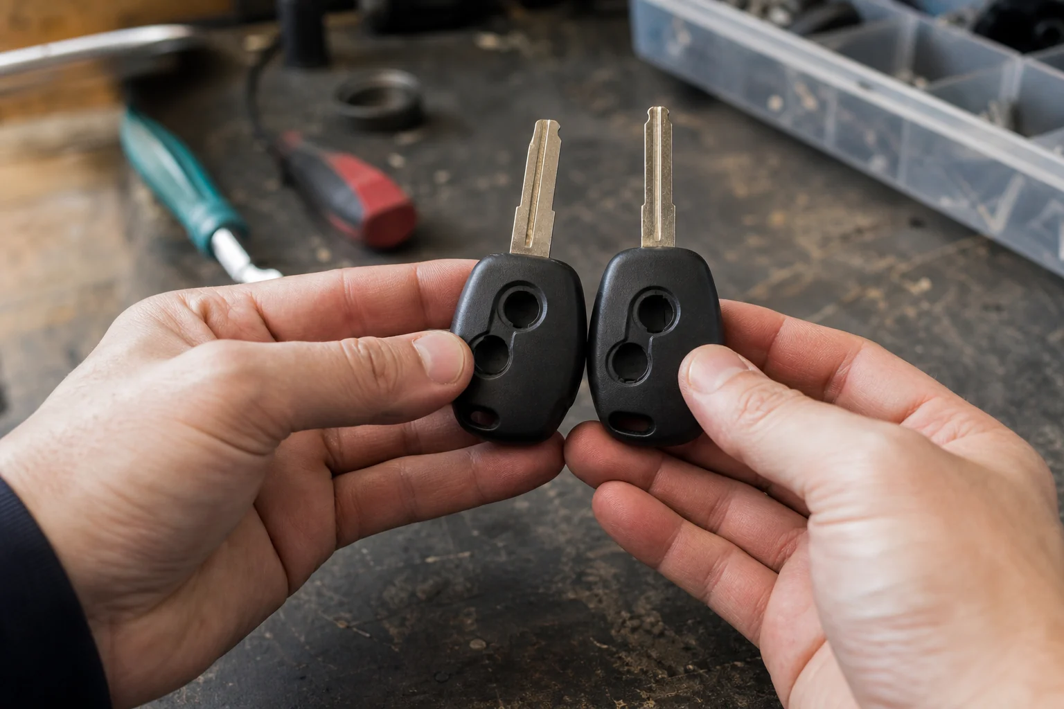 Hands comparing the outline and button openings of two automotive key housings