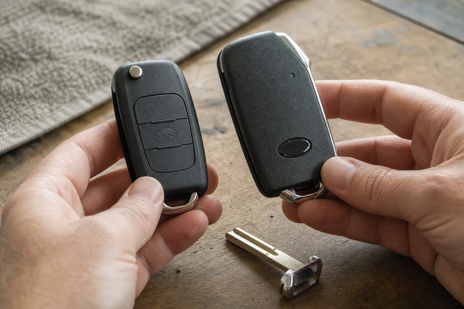 Hands comparing the front, back and side profiles of two automotive key-fob housings