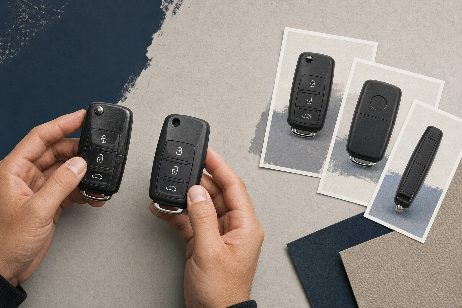A person compares an existing car key with a replacement housing and photographs from several angles before ordering.