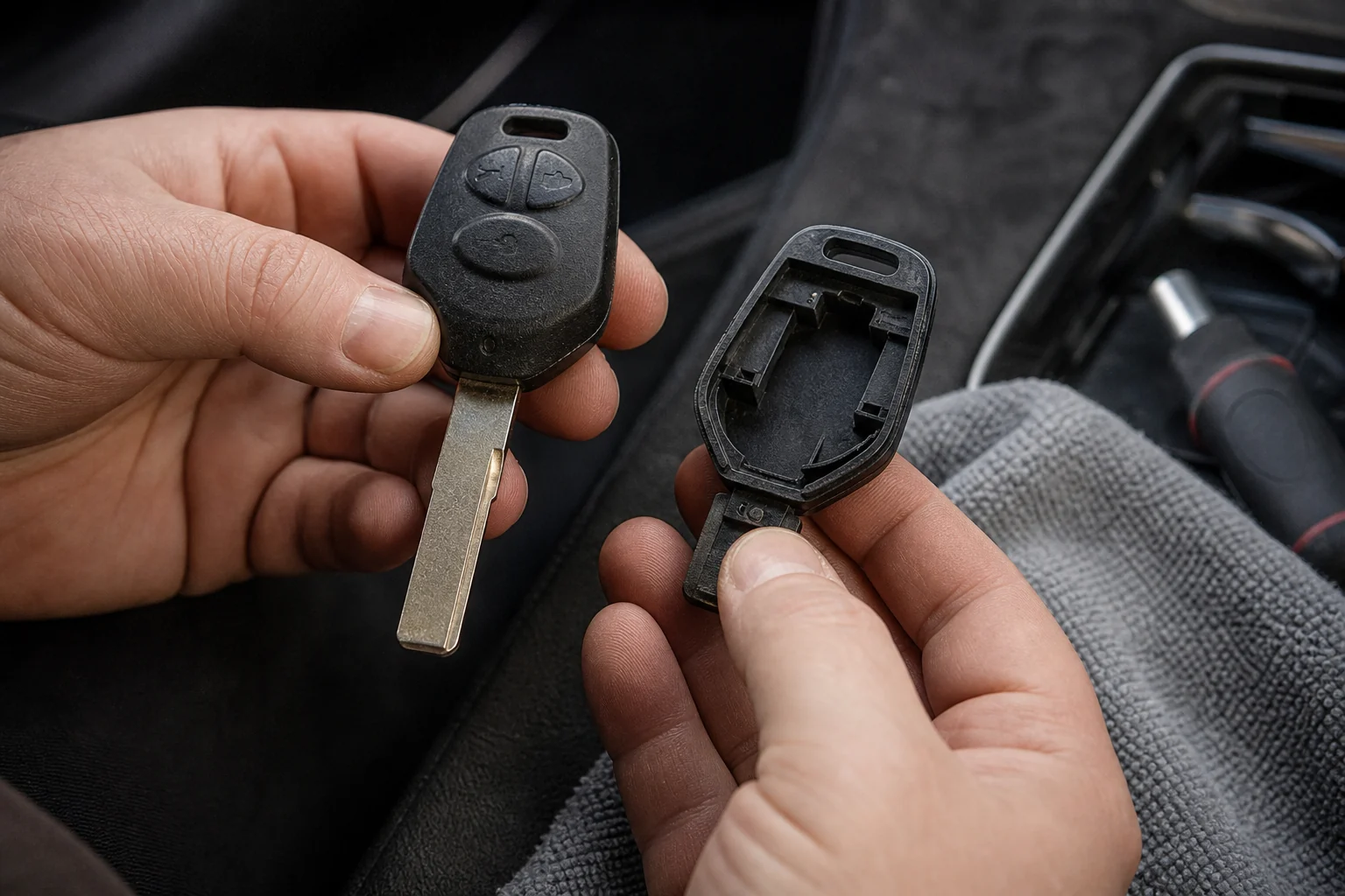Person comparing an original automotive remote with a replacement casing