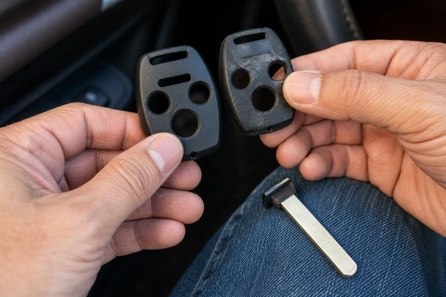 A person comparing the button openings and contours of two automotive remote-key housings