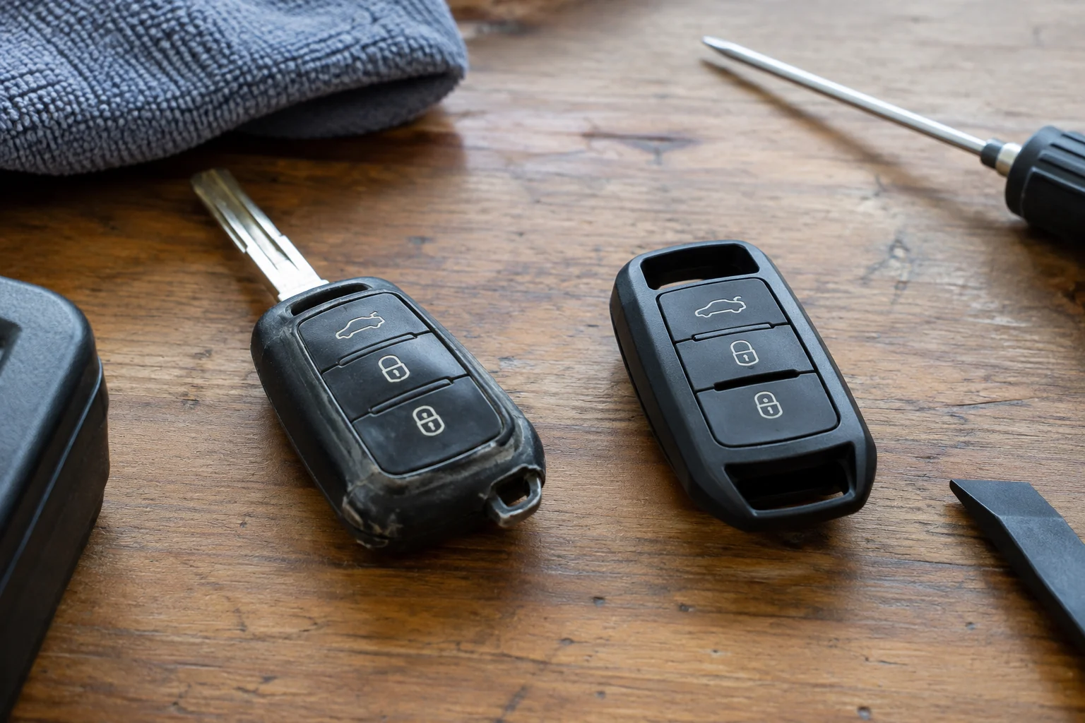 Worn car key housing beside an empty casing for exterior comparison.
