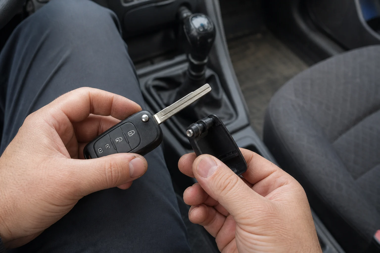 Hands comparing a folding car key blade with the hinge area of a replacement housing.