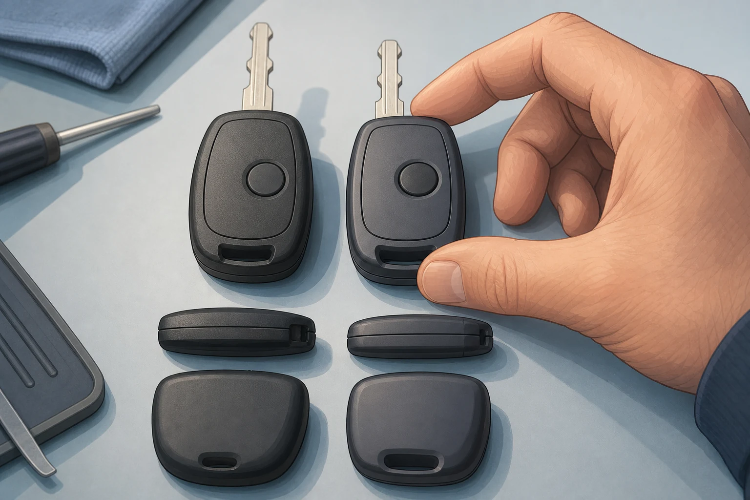 Side-by-side comparison of an original vehicle key and a replacement casing from multiple angles