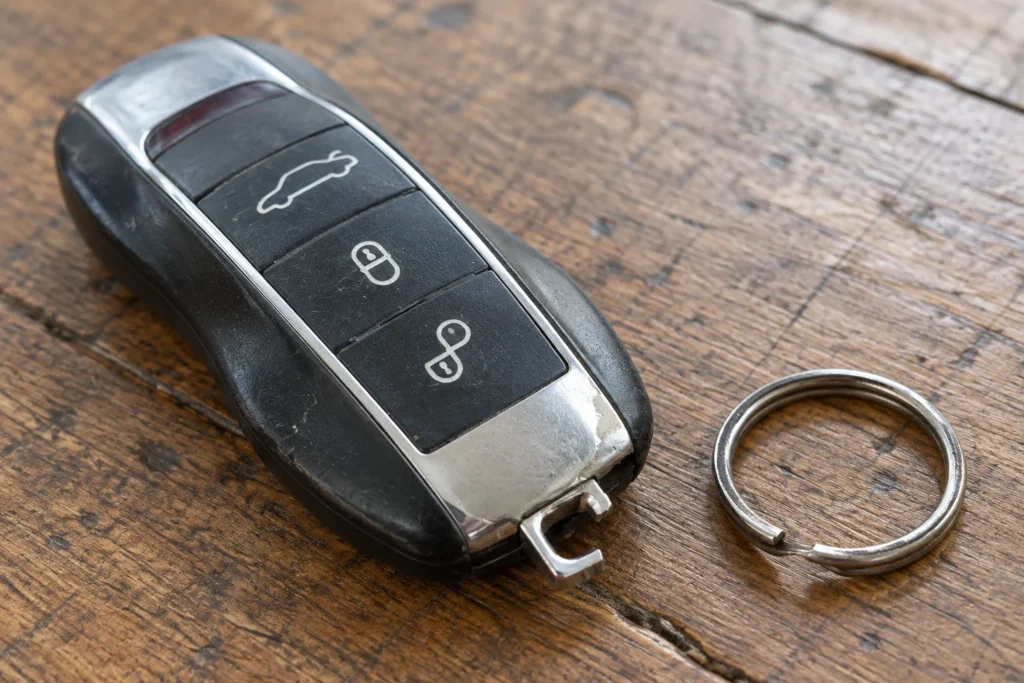 Worn car key fob with a damaged ring attachment and a loose metal ring beside it.