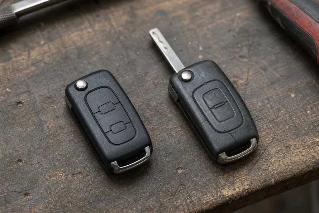 Two-button automotive key shell beside an existing car key on a workshop table