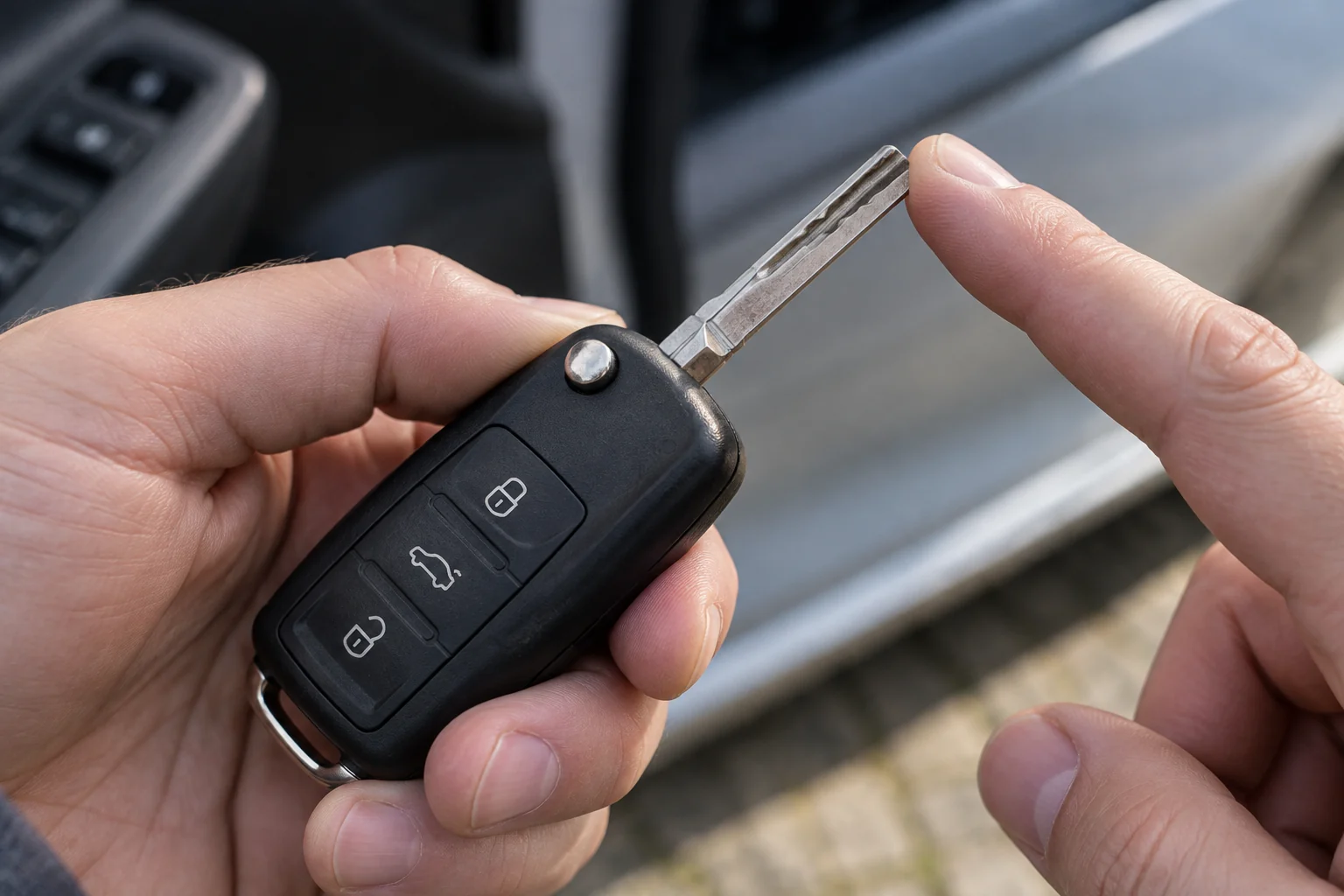 Fingertip gently testing the partly extended blade of a flip-style car key