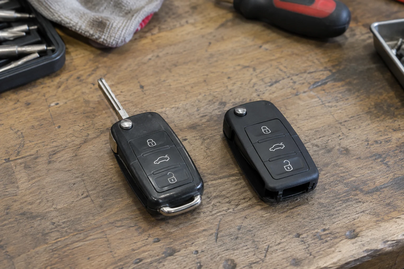 Existing flip-style car key beside a separate replacement case on a workbench