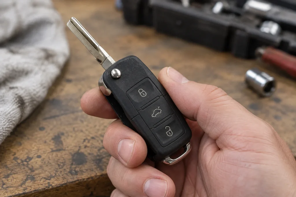 Hand holding a partly opened flip-style car key above a workbench