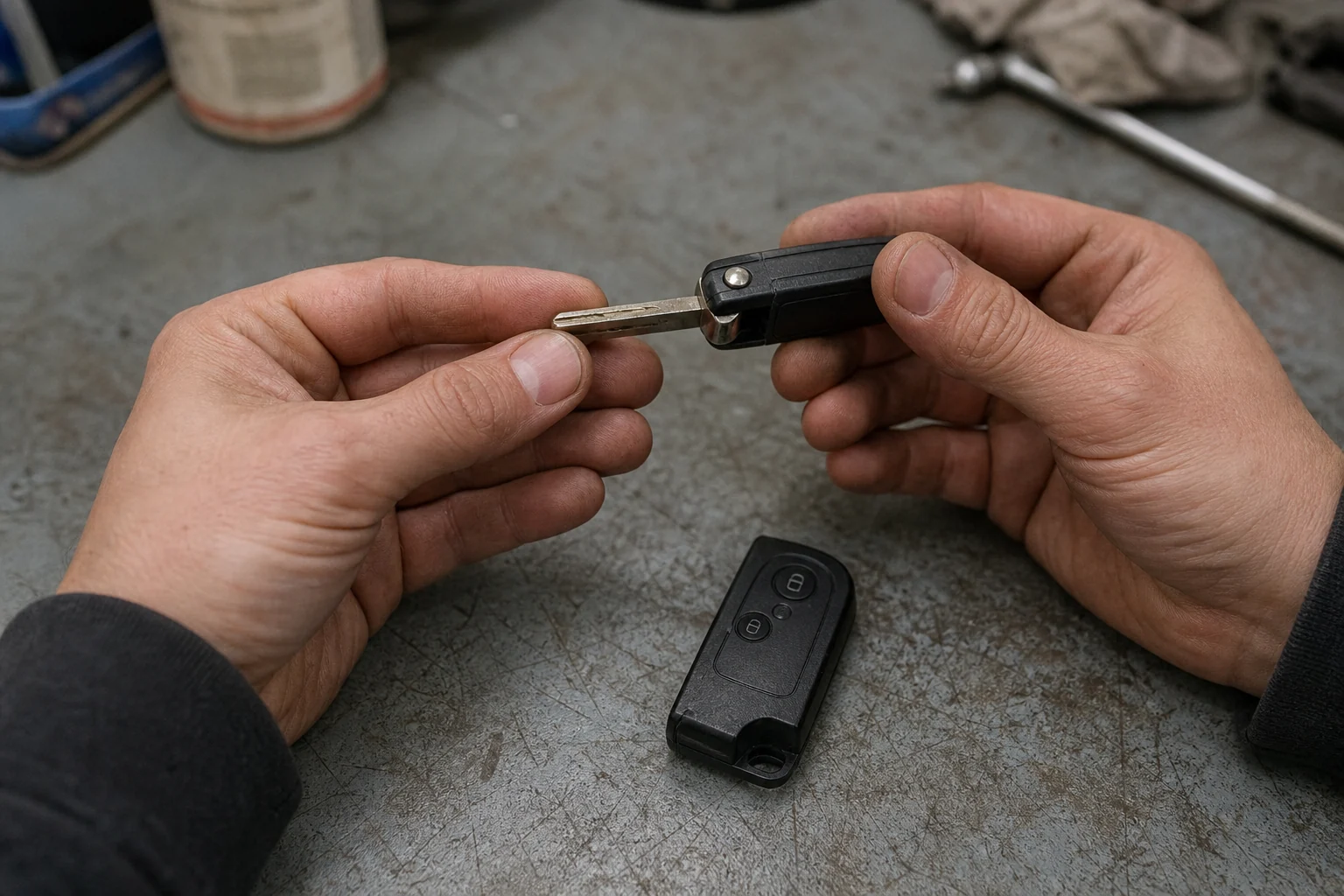 Hands inspecting the blade profile and hinge of a folding automotive key beside its housing