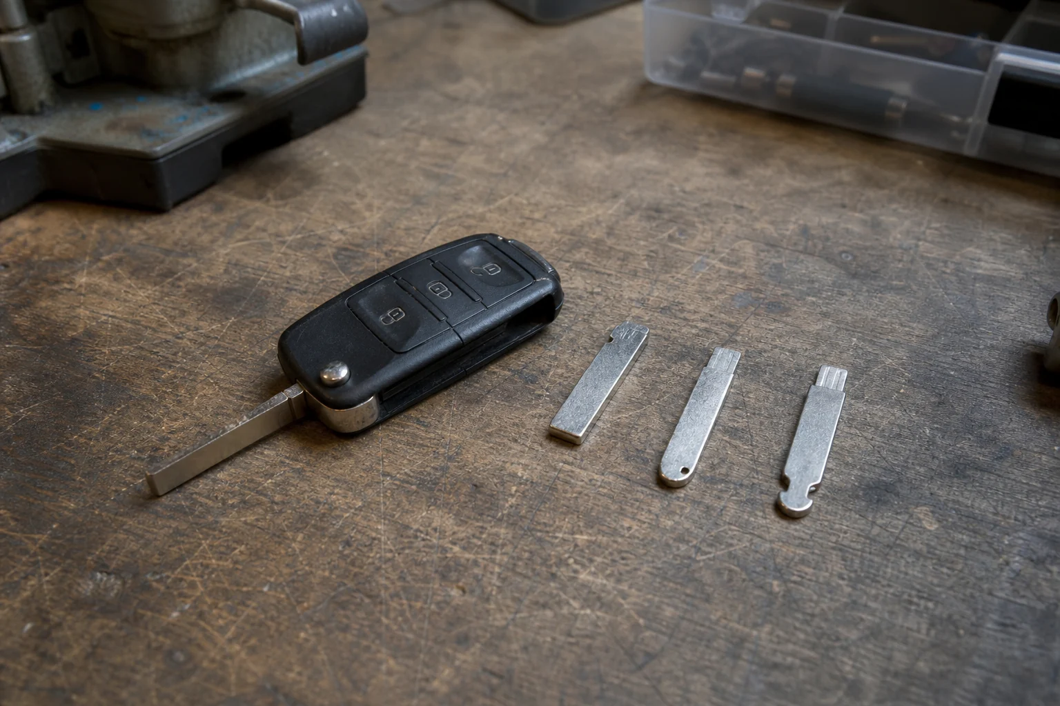 Folding automotive key shell and separate metal blades on a workbench