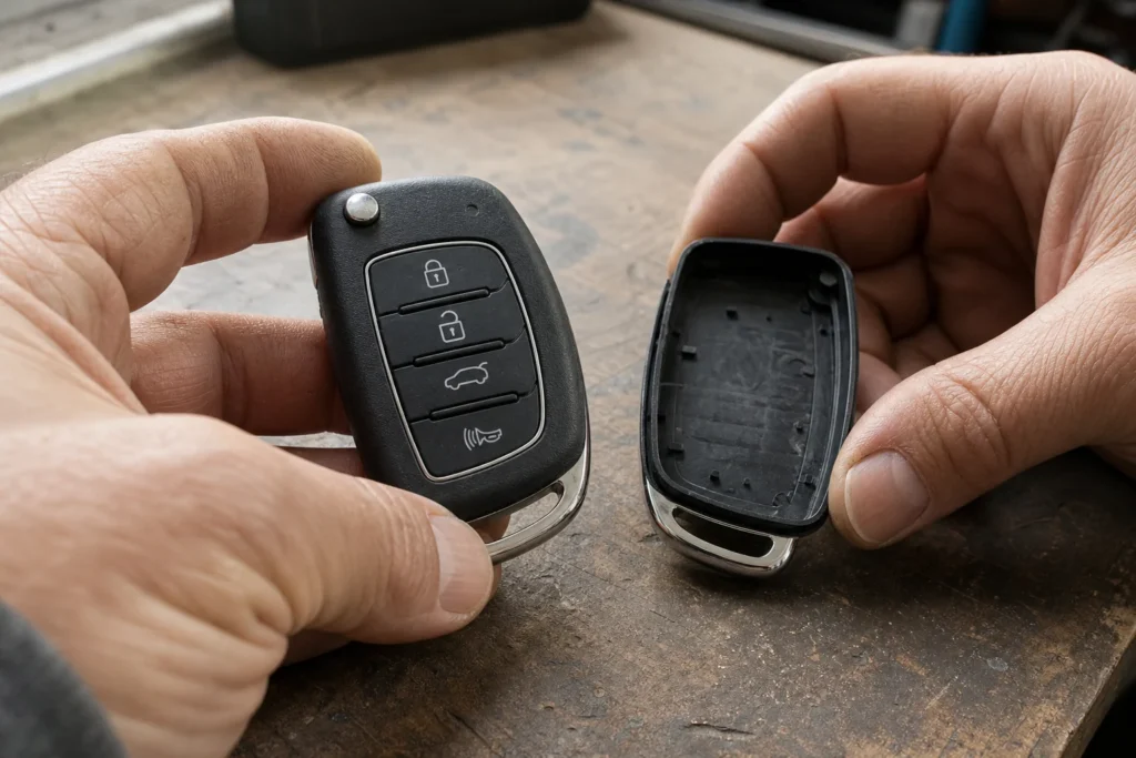 Hands inspecting an automotive key fob beside a replacement housing on a workshop bench.