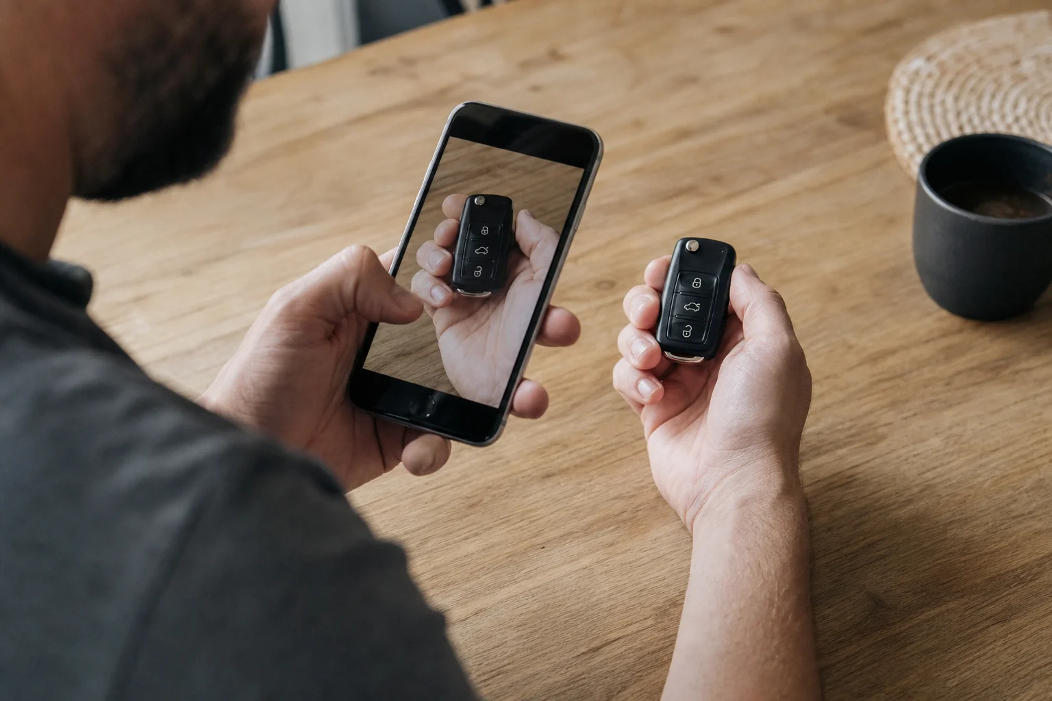 Person photographing a folding car remote from different angles before choosing a replacement casing