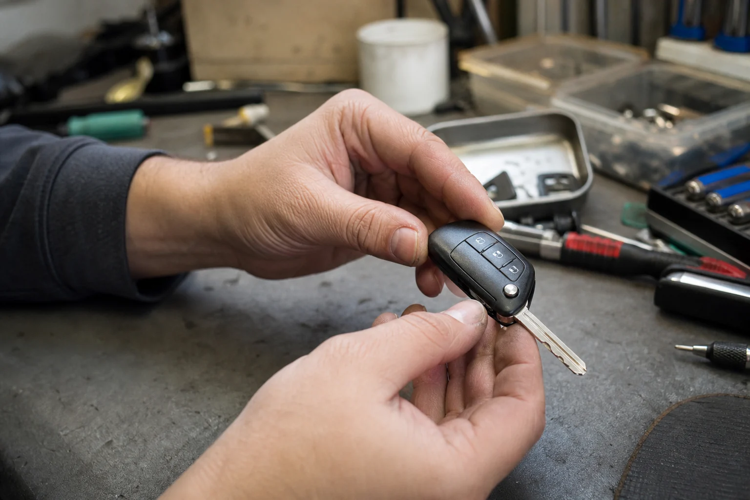 Automotive folding key blade and pivot area being inspected on a repair bench