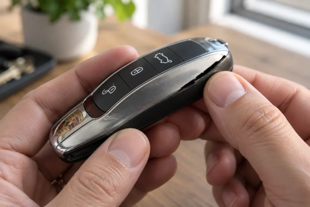 A person examines a key fob with a gap along its casing seam.