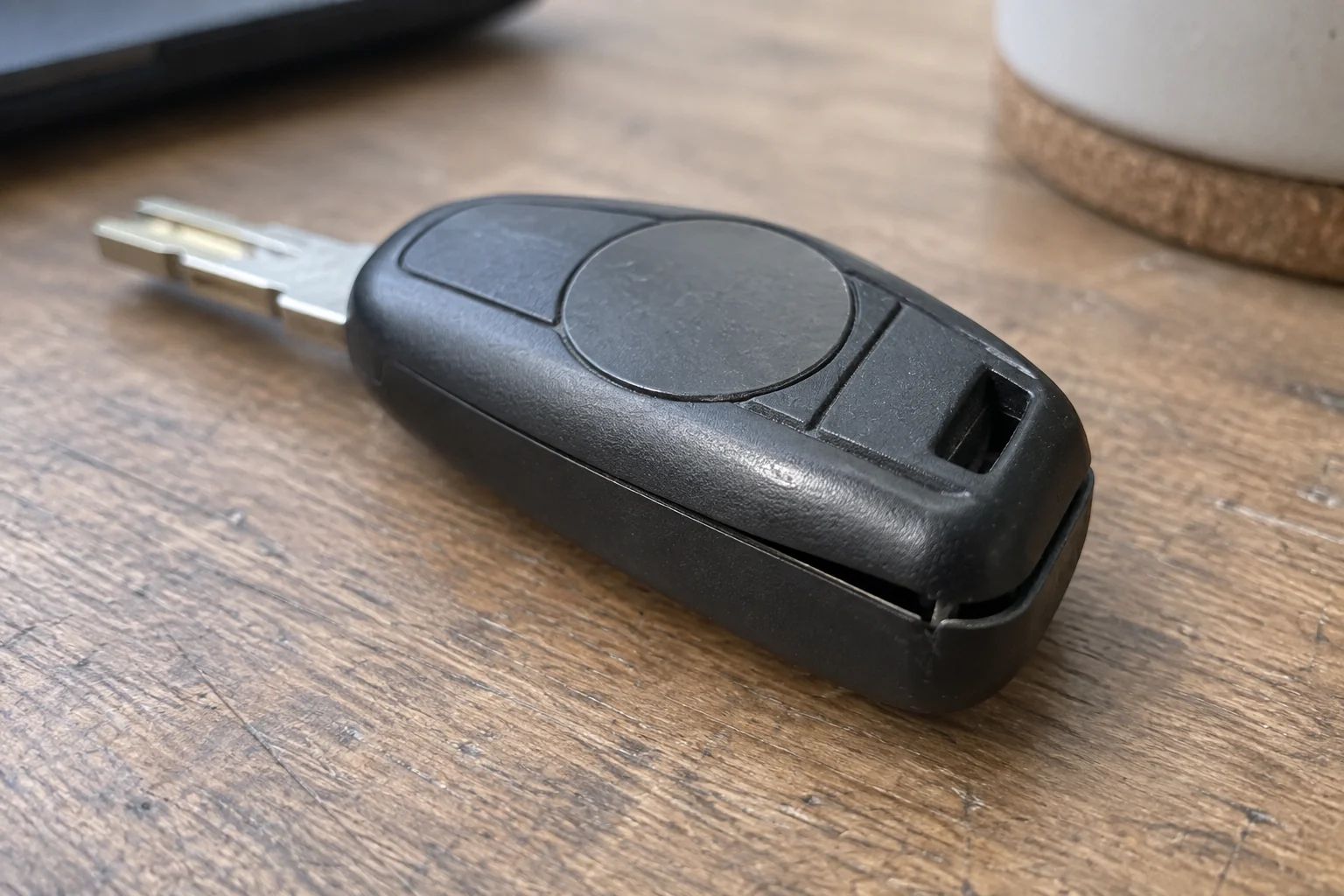 A small gap begins at one corner of a key fob casing on a tabletop.