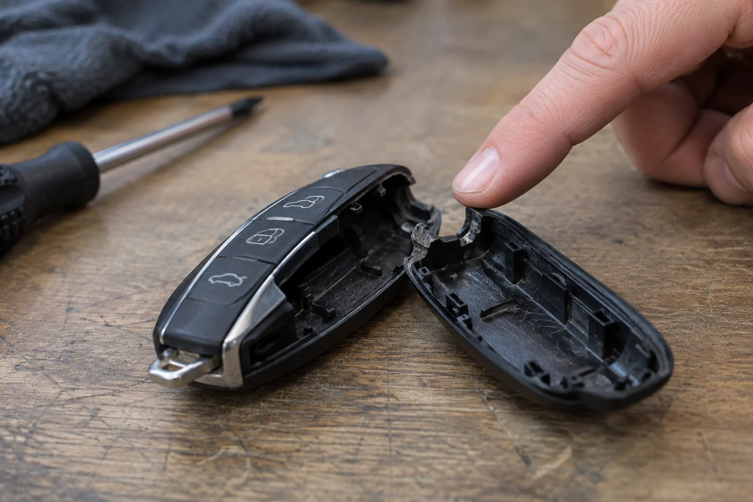 A hand points to a damaged mating edge on an opened key fob casing.