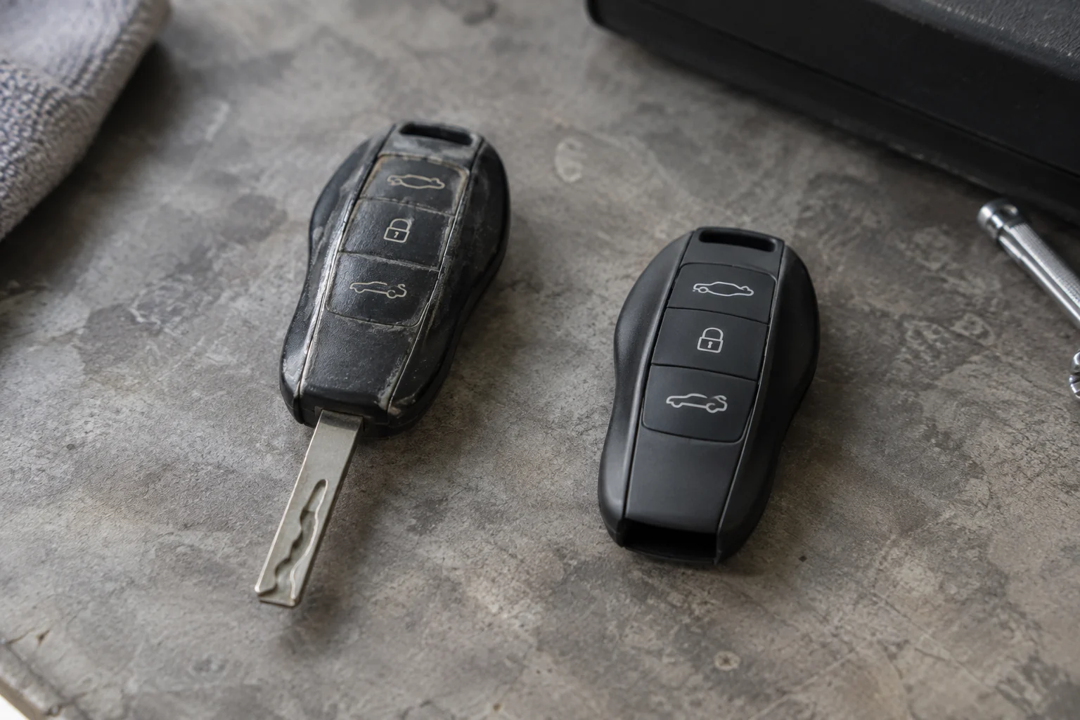 Worn car key fob beside a separate three-button replacement housing
