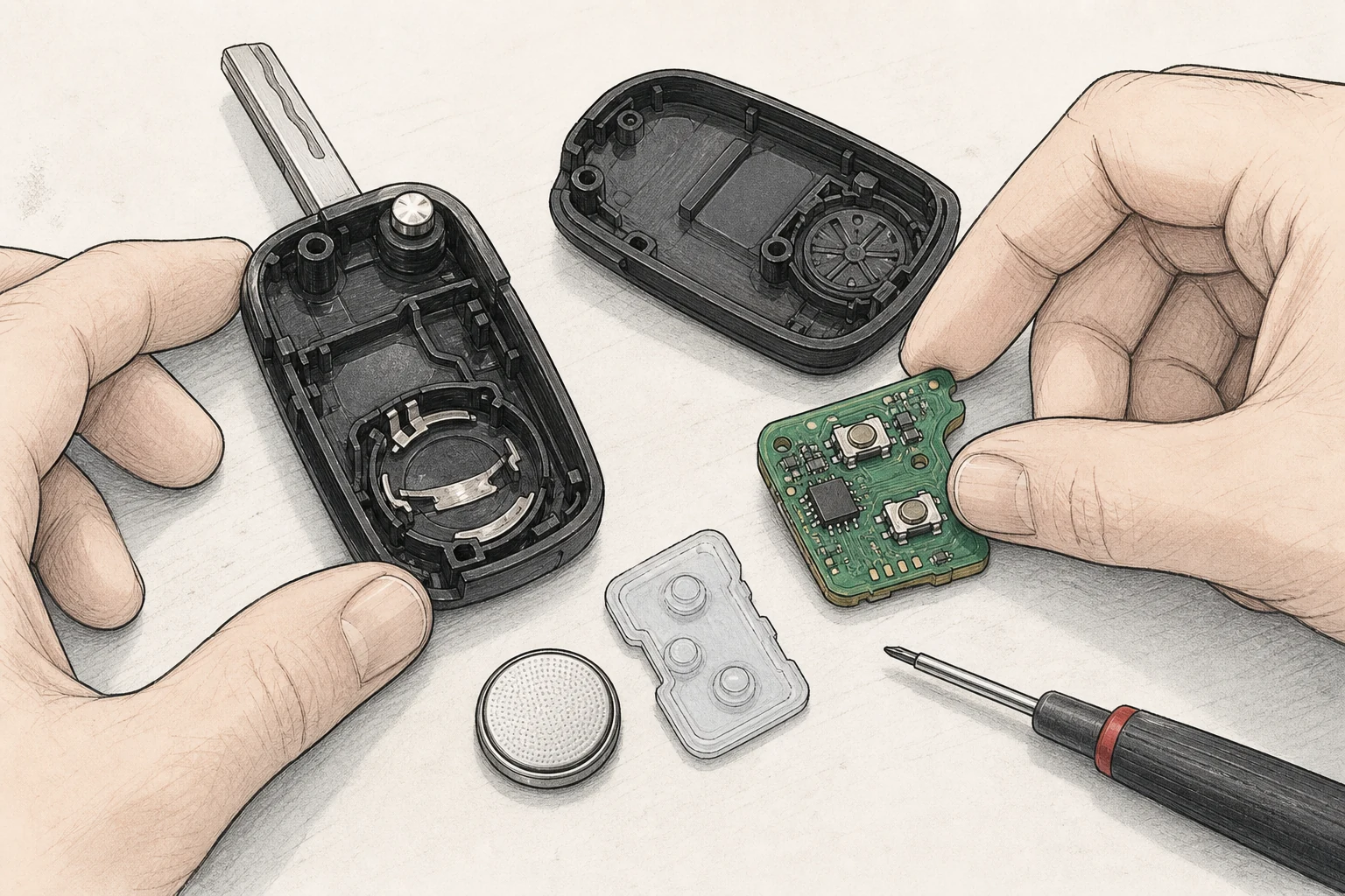 Opened folding key casing with its circuit board, button pad and battery arranged for an internal fit comparison.