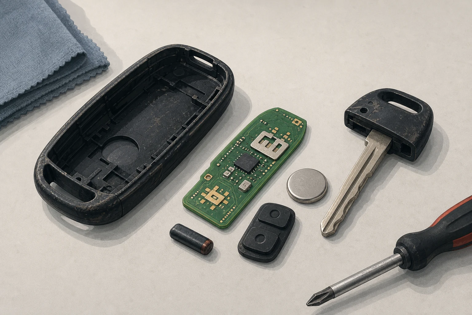 An opened key housing with its casing separated from the blade, battery and internal electronic components.