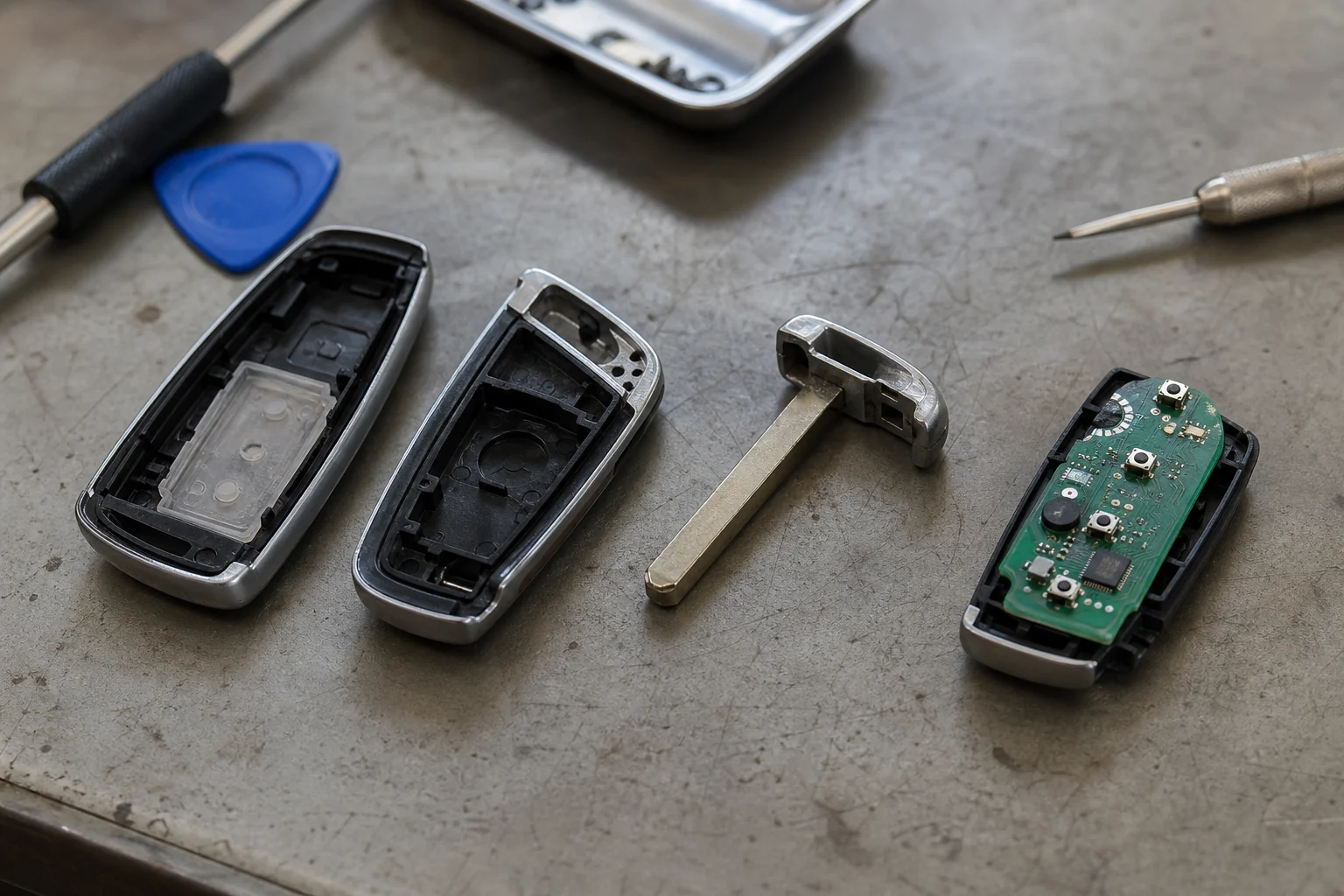 A three-step path separates housing, blade mount and electronics checks