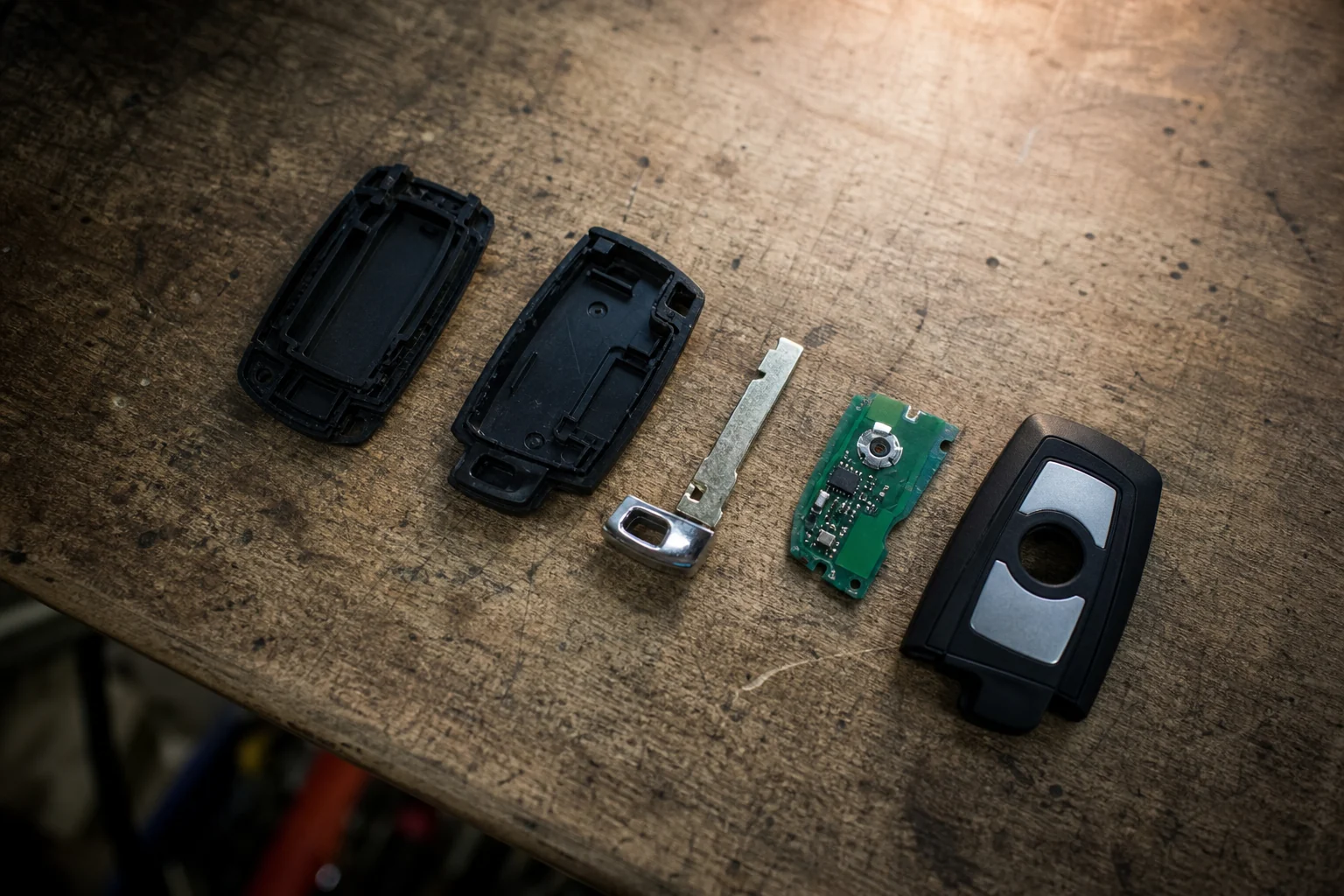 Separate key shell, blade and electronic components arranged for a replacement task