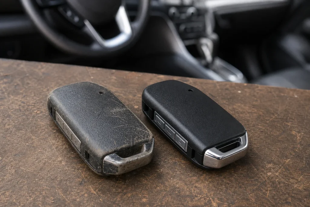 Two automotive key fob cases resting side by side on a workbench