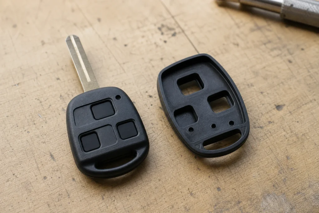 Automotive remote key fob and replacement housing on a workbench
