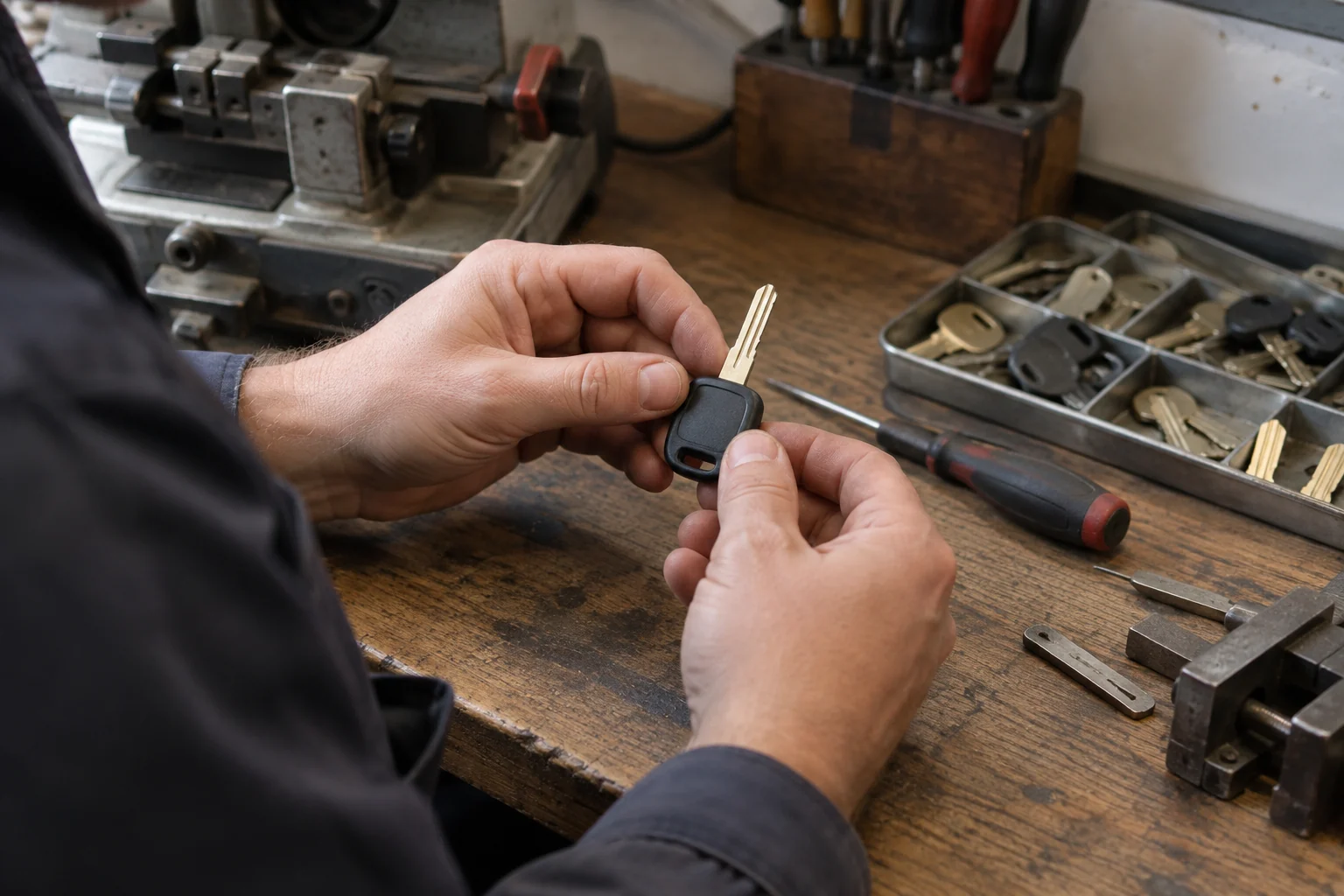Locksmith examining an uncut car key blank at a workbench