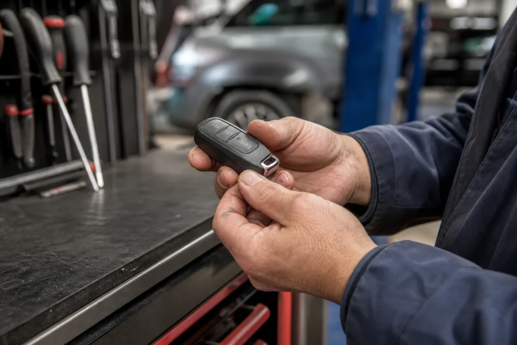 Worn automotive key housing being inspected on a workbench beside repair tools.