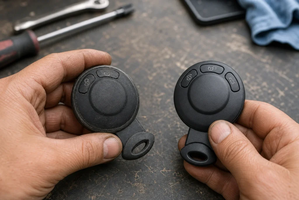 Worn automotive remote key housing beside a replacement housing on a repair workbench