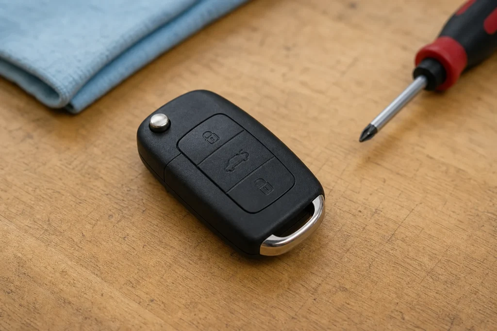 Person comparing an automotive remote key with a replacement shell on a workbench.