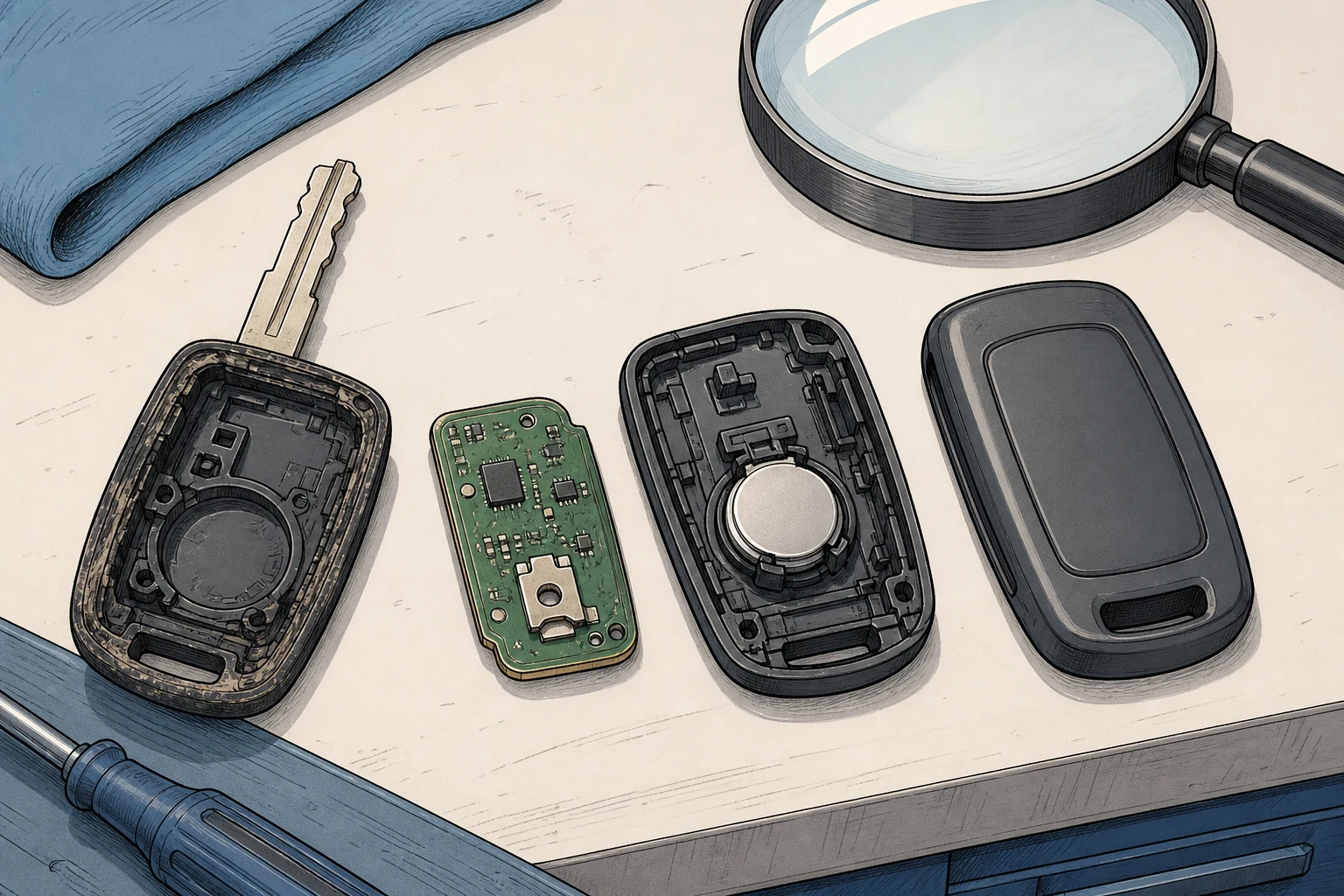 Open car key components arranged beside a replacement shell for a careful fit comparison.