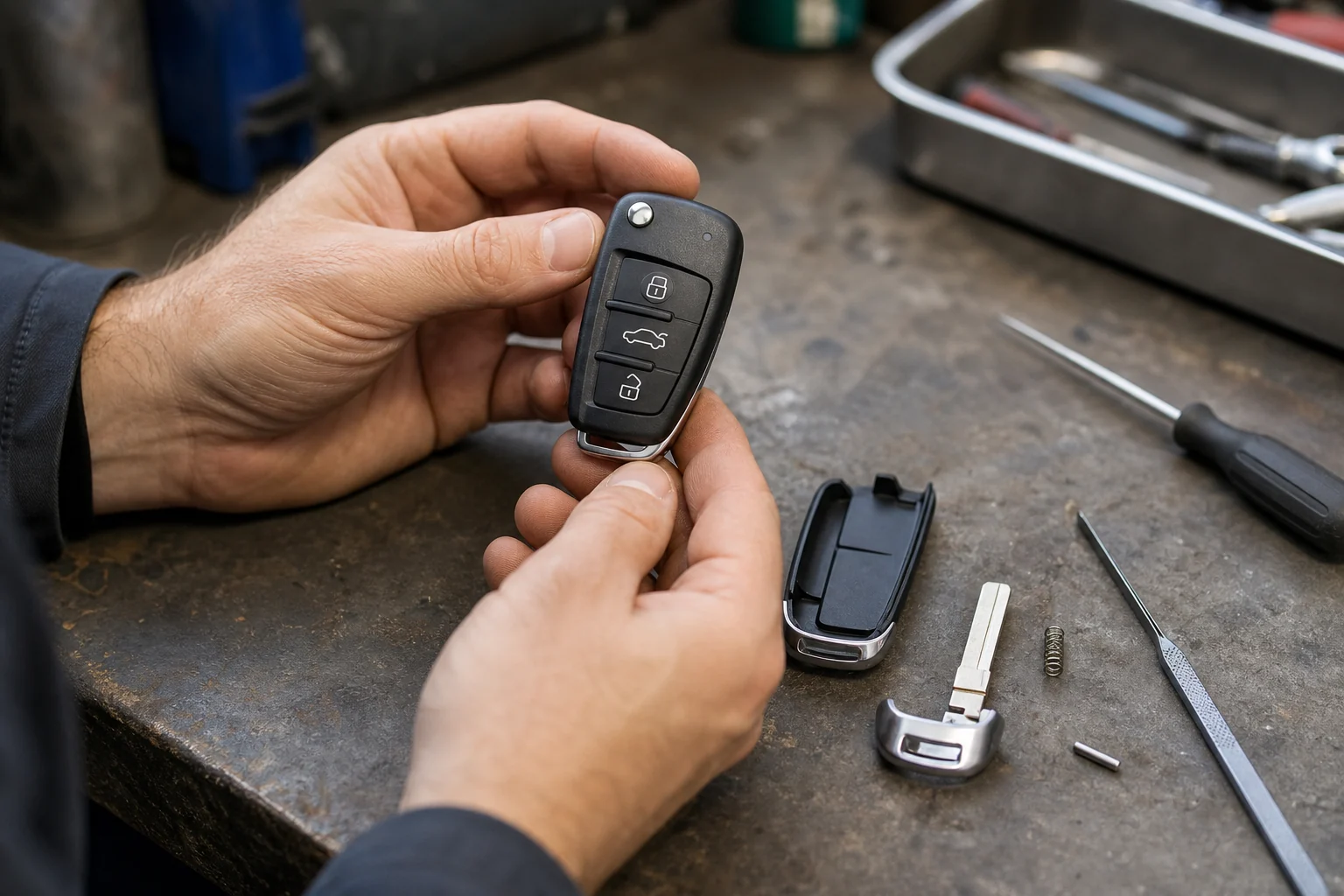 Technician examining an automotive key fob from several angles on a workbench