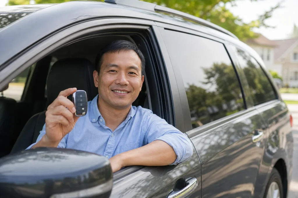 Worn automotive key fob beside a compact car interior